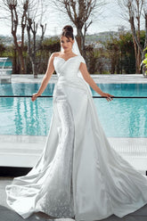 White Wedding Dress Mermaid Sweetheart One Shoulder Sleeveless Sequined Lace Panel Train Satin Bridal Gown