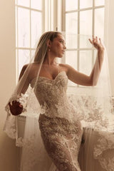 White Wedding Dress Mermaid Sweetheart Sleeveless Sweep Train Tulle Lace Bridal Gown With Appliques