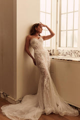 White Wedding Dress Mermaid Sweetheart Sleeveless Sweep Train Tulle Lace Bridal Gown With Appliques