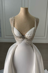 White Wedding Dress Mermaid Sweetheart Spaghetti Sleeveless Panel Train Long Satin Bridal Gown With Beadings