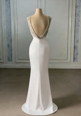 White Wedding Dress Mermaid Sweetheart Spaghetti Sleeveless Panel Train Satin Bridal Gown With Beadings