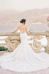 White Wedding Dress Mermaid Sweetheart Spaghetti Strap Sleeveless Sweep Train Tulle Bridal Gown With Appliques