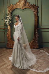White Wedding Dress Mermaid V Neck Long Sleeves Beaded Sweep Train Lace Bridal Gown