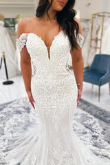 White Wedding Dress Mermaid V Neck Off The Shoulder Lace Cathedral Train Bridal Gown With Appliques