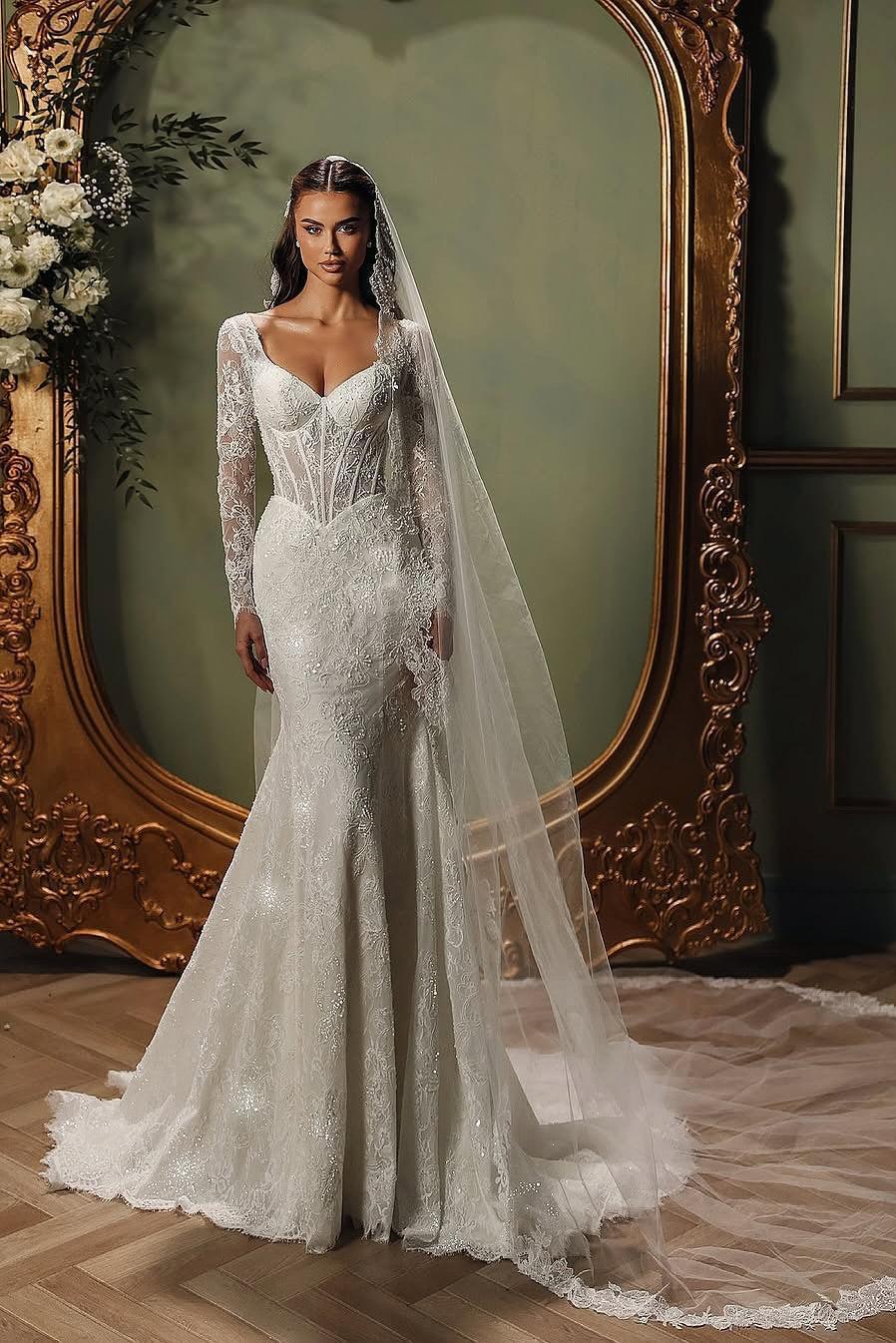 White Wedding Dress Mermaid V Neck Sleeves Beaded Sweep Train Lace Bridal Gown