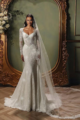 White Wedding Dress Mermaid V Neck Sleeves Beaded Sweep Train Lace Bridal Gown