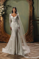 White Wedding Dress Mermaid V Neck Sleeves Beaded Sweep Train Lace Bridal Gown