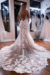White Wedding Dress Mermaid V Neck Spaghetti Strap Lace Tulle Bridal Gown With Appliques