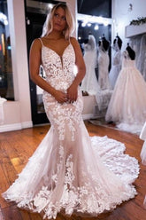 White Wedding Dress Mermaid V Neck Spaghetti Strap Lace Tulle Bridal Gown With Appliques