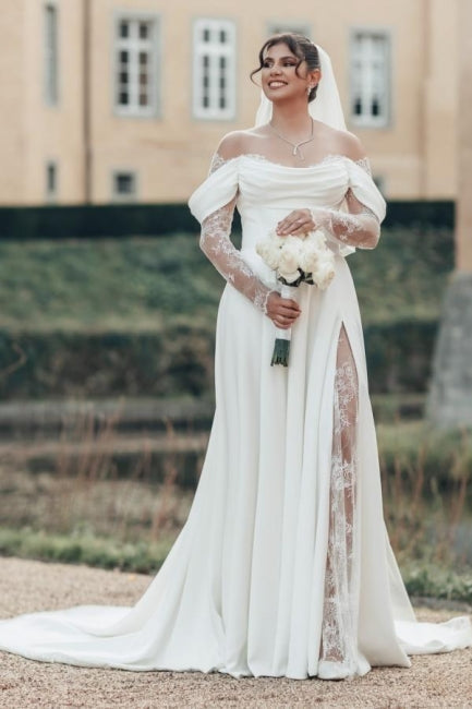 White Wedding Dress Off The Shoulder A Line Illusion Lace Sleeve Sweep Train Satin Bridal Gown With Slit