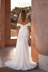 White Wedding Dress Off The Shoulder A Line Sleeveless Bridal Gown With Slit