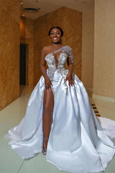 White Wedding Dress One Shoulder Satin Beaded Lace Appliques Bridal Dress