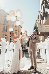 White Wedding Dress One Shoulder Sleeveless Beading Bridal Gown With Slit