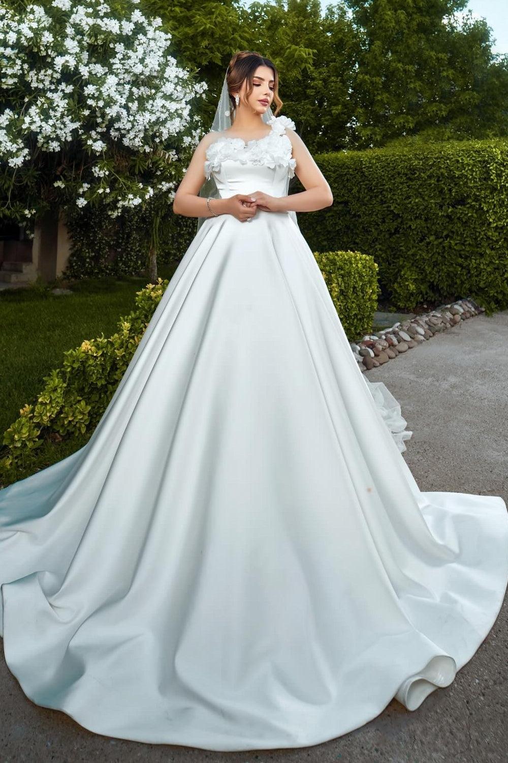 White Wedding Dress One Shoulder Sleeveless Sweep Train Ball Gown Satin Bridal Gown With 3D Flowers