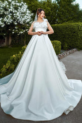 White Wedding Dress One Shoulder Sleeveless Sweep Train Ball Gown Satin Bridal Gown With 3D Flowers