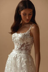 White Wedding Dress Spaghetti Strap A Line Court Train Tulle Bridal Gown With Appliques