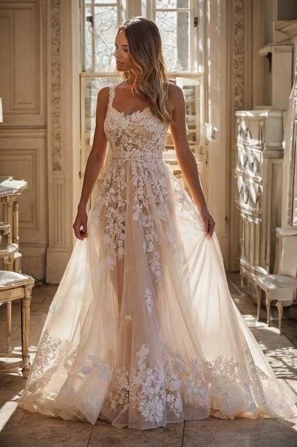 White Wedding Dress Spaghetti Strap A Line Floor Length Tulle Bridal Gown With Appliques