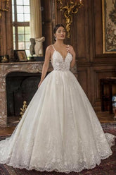 White Wedding Dress Spaghetti Strap V Neck Sleeveless Backless Lace Ball Gown Lace Bridal Gown