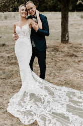 White Wedding Dress Spaghetti Straps Mermaid Backless Bridal Gown With Lace