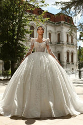 White Wedding Dress Square Beaded Sleeve Lace Sequined Ball Gown Tulle Bridal Gown With Rhinestones