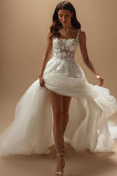 White Wedding Dress Square Spaghetti Strap A Line Sleeveless Court Train Tulle Bridal Gown With Appliques