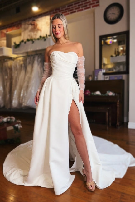 White Wedding Dress Strapless A Line Sleeveless Satin Split Front Bridal Gown With Ruffles