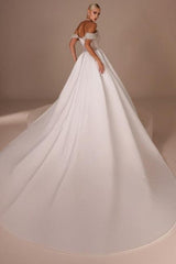 White Wedding Dress Strapless Beaded Off The Shoulder Panel Train Satin Bridal Gown