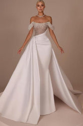 White Wedding Dress Strapless Beaded Off The Shoulder Panel Train Satin Bridal Gown