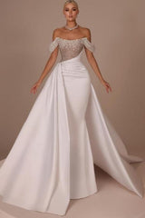 White Wedding Dress Strapless Beaded Off The Shoulder Panel Train Satin Bridal Gown