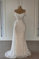 White Wedding Dress Strapless Off The Shoulder Sleeveless Sequined Ruffle Tulle Bridal Gown