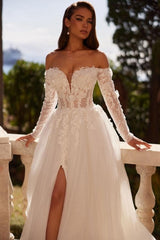 White Wedding Dress Sweetheart A Line Off The Shoulder Long Sleeve Split Front Tulle Bridal Gown With Appliques And Handmake Flowers