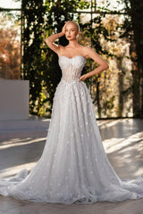 White Wedding Dress Sweetheart A Line Sleeveless Sequined Sweep Train Tulle Bridal Gown With 3D Flowers