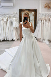 White Wedding Dress Sweetheart A Line Spaghetti Strap Sleeveless Cathedral Train Satin Bridal Gown