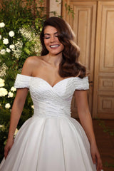 White Wedding Dress Sweetheart Ball Gown Off The Shoulder Beaded Satin Bridal Gown With Pearls