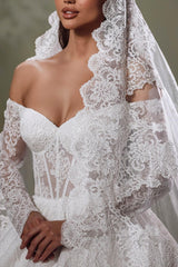 White Wedding Dress Sweetheart Off The Shoulder Long Sleeves Ball Gown Cathedral Train Lace Bridal Gown