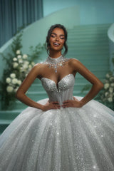 White Wedding Dress Sweetheart Sequined Sleeveless Ball Gown Cathedral Train Tulle Bridal Gown