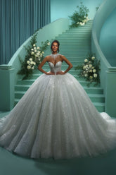 White Wedding Dress Sweetheart Sequined Sleeveless Ball Gown Cathedral Train Tulle Bridal Gown