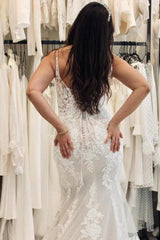 White Wedding Dress Sweetheart Spaghetti Strap Mermaid Tulle Court Train Lace Bridal Gown With Appliques