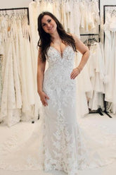 White Wedding Dress Sweetheart Spaghetti Strap Mermaid Tulle Court Train Lace Bridal Gown With Appliques