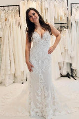White Wedding Dress Sweetheart Spaghetti Strap Mermaid Tulle Court Train Lace Bridal Gown With Appliques