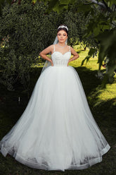 White Wedding Dress Sweetheart Spaghetti Strap Sleeveless Ball Gown Tulle Bridal Gown With Pearls And Appliques
