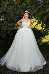 White Wedding Dress Sweetheart Spaghetti Strap Sleeveless Ball Gown Tulle Bridal Gown