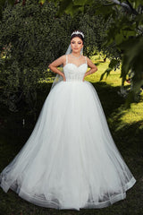 White Wedding Dress Sweetheart Spaghetti Strap Sleeveless Ball Gown Tulle Bridal Gown