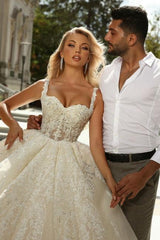 White Wedding Dress Sweetheart Spaghetti Strap Sleeveless Sequined Lace Ball Gown Tulle Bridal Gown