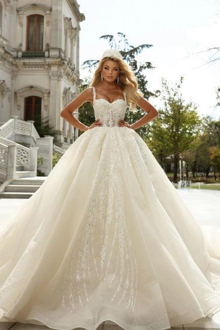 White Wedding Dress Sweetheart Spaghetti Strap Sleeveless Sequined Lace Ball Gown Tulle Bridal Gown