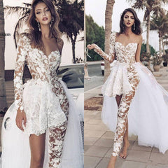 Red Prom Jumpsuit Tulle One Shoulder Long Sleeve Lace Evening Jumpsuit with Train