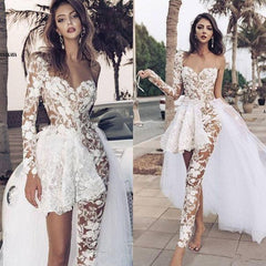 Red Prom Jumpsuit Tulle One Shoulder Long Sleeve Lace Evening Jumpsuit with Train