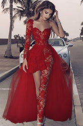 Red Prom Jumpsuit Tulle One Shoulder Long Sleeve Lace Evening Jumpsuit with Train