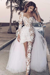 Red Prom Jumpsuit Tulle One Shoulder Long Sleeve Lace Evening Jumpsuit with Train