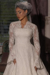 White Wedding Dress V Neck A Line Lace Sleeves Sweep Train Velour Bridal Gown With Appliques